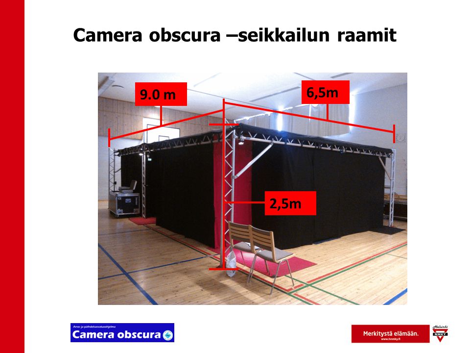 Camera obscura –seikkailun raamit 9.0 m 6,5m 2,5m