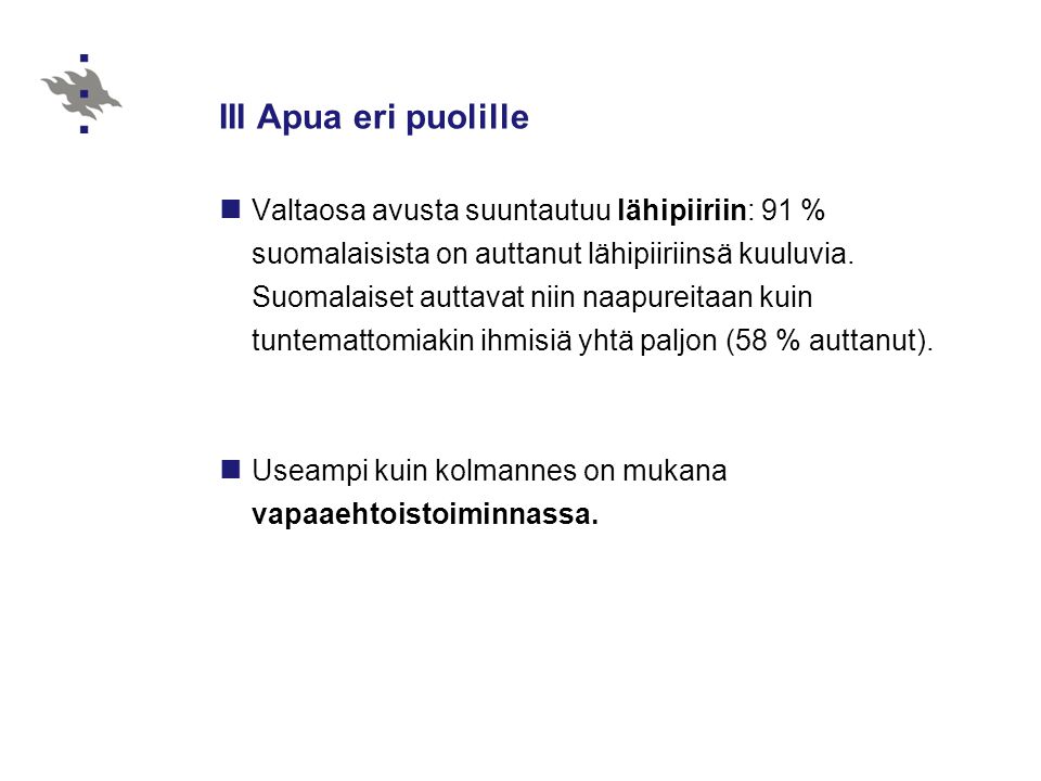 III Apua eri puolille Valtaosa avusta suuntautuu lähipiiriin: 91 % suomalaisista on auttanut lähipiiriinsä kuuluvia.