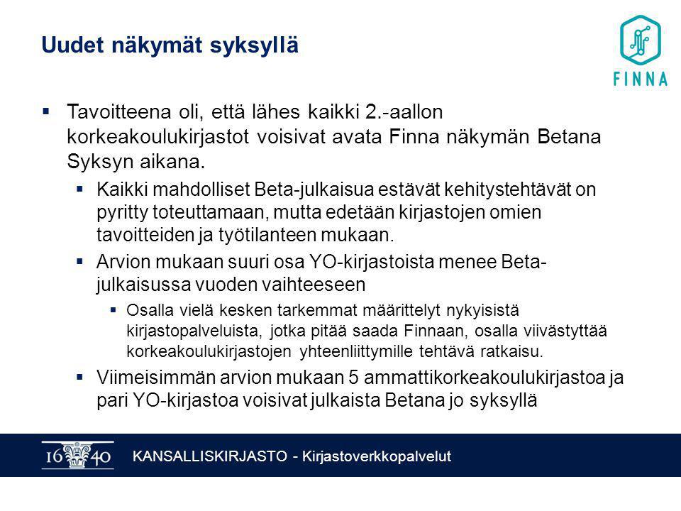 KANSALLISKIRJASTO - Kirjastoverkkopalvelut Uudet näkymät syksyllä  Tavoitteena oli, että lähes kaikki 2.-aallon korkeakoulukirjastot voisivat avata Finna näkymän Betana Syksyn aikana.