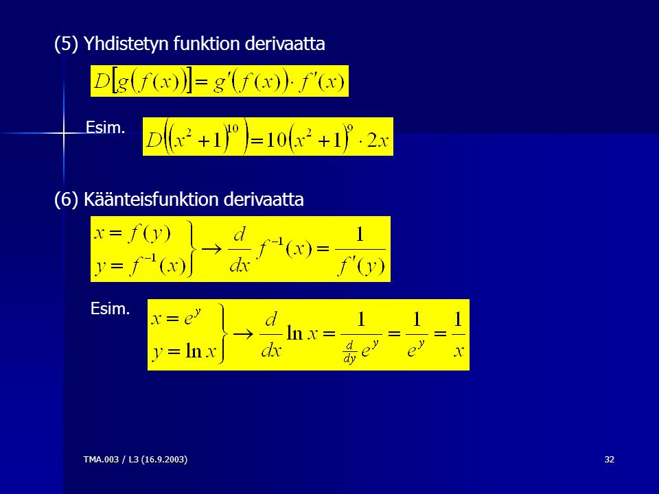 TMA.003 / L3 ( )32 (5) Yhdistetyn funktion derivaatta Esim.
