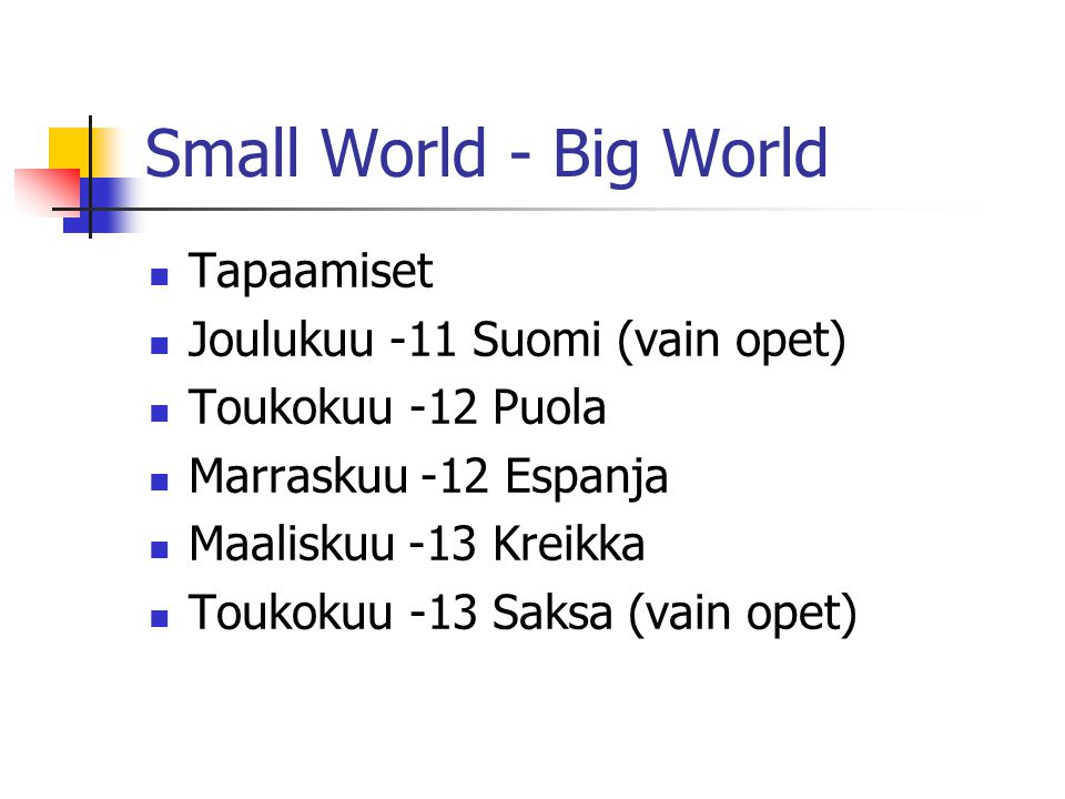 Small World - Big World Tapaamiset Joulukuu -11 Suomi (vain opet) Toukokuu -12 Puola Marraskuu -12 Espanja Maaliskuu -13 Kreikka Toukokuu -13 Saksa (vain opet)