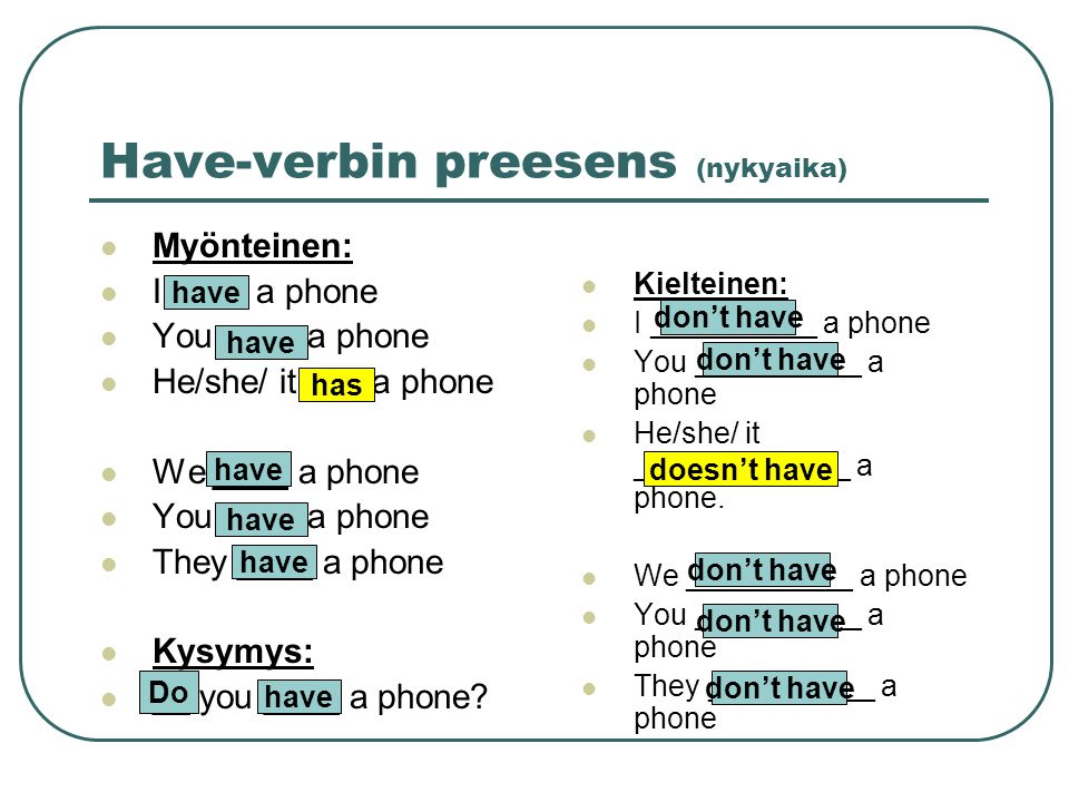 Have-verbin preesens (nykyaika) Myönteinen: I ____ a phone You ____ a phone He/she/ it ___ a phone We ____ a phone You ____ a phone They ____ a phone Kysymys: __ you ____ a phone.
