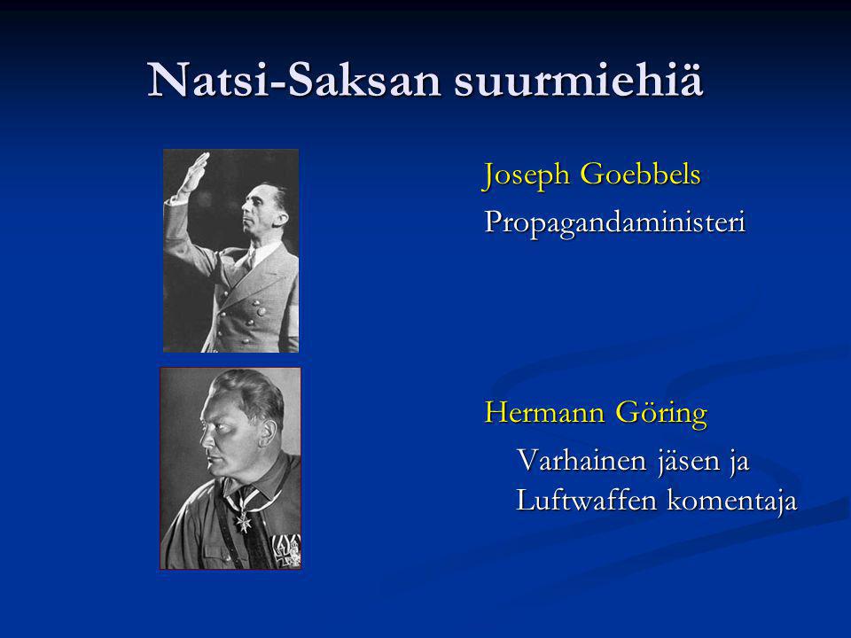 Natsi-Saksan suurmiehiä Joseph Goebbels Propagandaministeri Hermann Göring Varhainen jäsen ja Luftwaffen komentaja Varhainen jäsen ja Luftwaffen komentaja