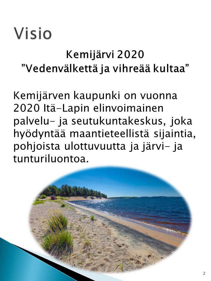 Kemijärvi 2020 Vedenvälkettä ja vihreää kultaa Kemijärven kaupunki on vuonna 2020 Itä-Lapin elinvoimainen palvelu- ja seutukuntakeskus, joka hyödyntää maantieteellistä sijaintia, pohjoista ulottuvuutta ja järvi- ja tunturiluontoa.