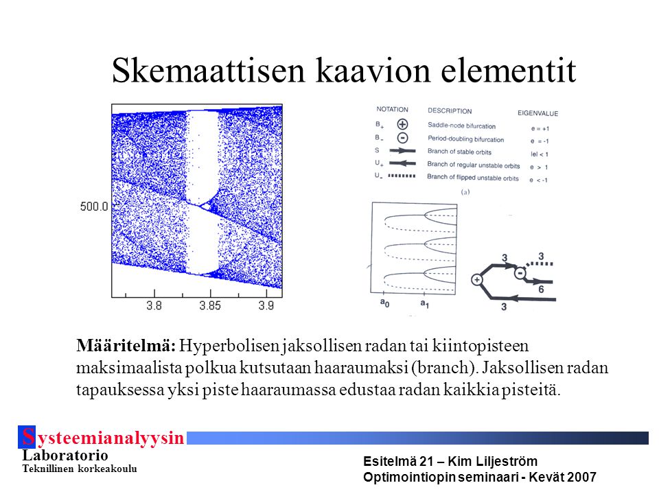 S ysteemianalyysin Laboratorio Teknillinen korkeakoulu Esitelmä 21 – Kim Liljeström Optimointiopin seminaari - Kevät 2007 Skemaattisen kaavion elementit Määritelmä: Hyperbolisen jaksollisen radan tai kiintopisteen maksimaalista polkua kutsutaan haaraumaksi (branch).