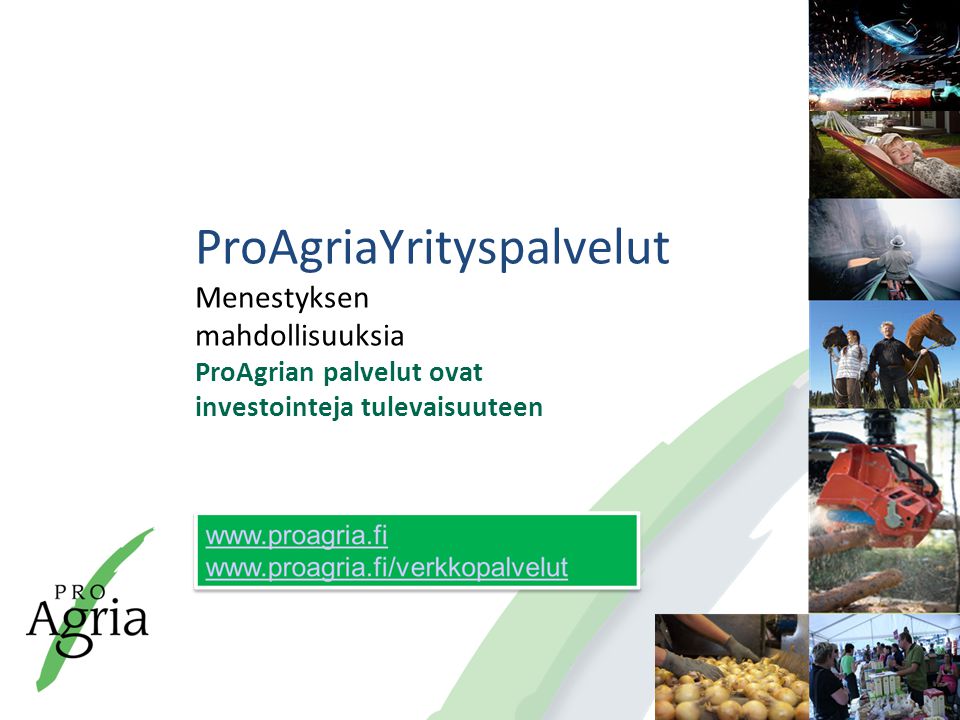 ProAgriaYrityspalvelut Menestyksen mahdollisuuksia ProAgrian palvelut ovat investointeja tulevaisuuteen