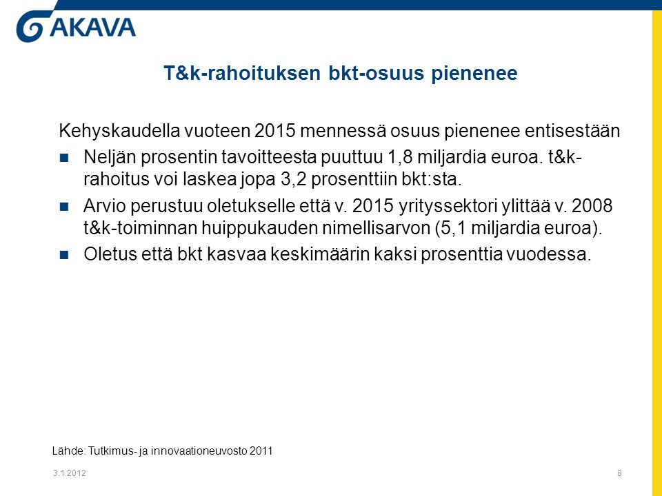 T&k-rahoituksen bkt-osuus pienenee Kehyskaudella vuoteen 2015 mennessä osuus pienenee entisestään Neljän prosentin tavoitteesta puuttuu 1,8 miljardia euroa.