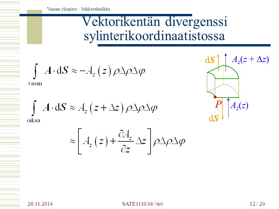 Vaasan yliopisto / Sähkötekniikka 12 / 20 Vektorikentän divergenssi sylinterikoordinaatistossa dSdS dSdS A z (z +  z) Az(z)Az(z) P SATE / mv