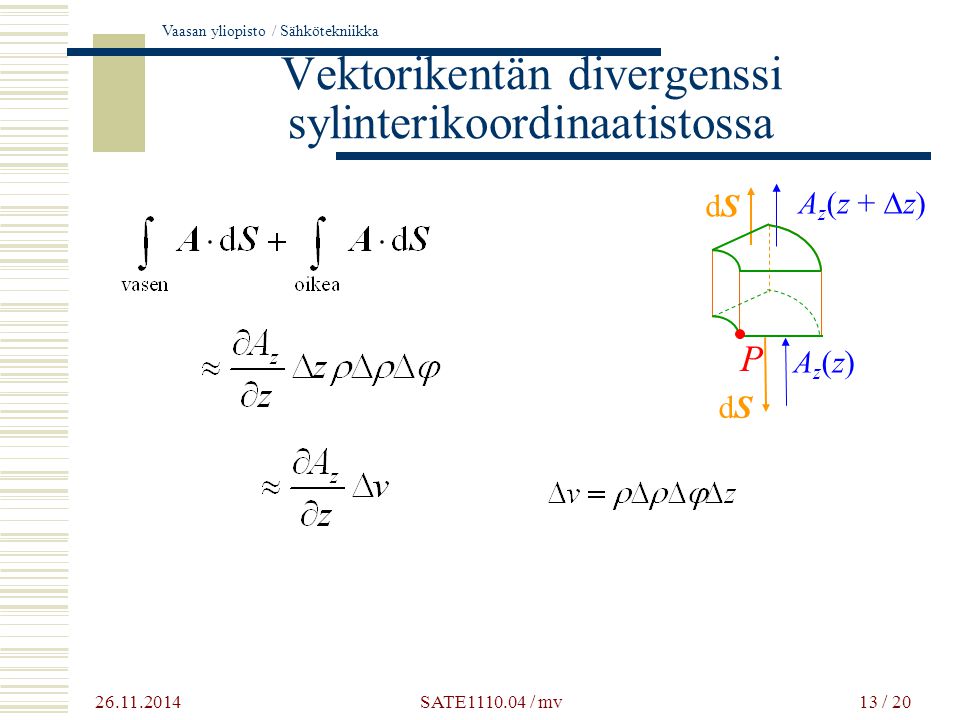 Vaasan yliopisto / Sähkötekniikka 13 / 20 Vektorikentän divergenssi sylinterikoordinaatistossa dSdS dSdS A z (z +  z) Az(z)Az(z) P SATE / mv