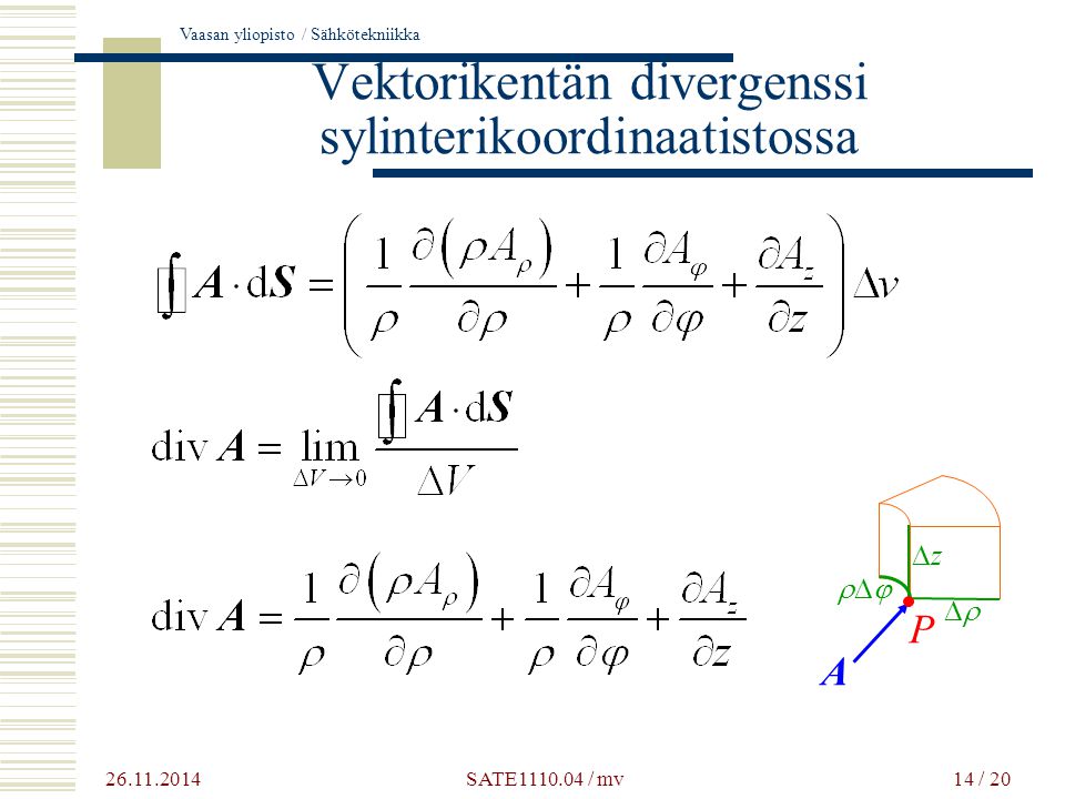 Vaasan yliopisto / Sähkötekniikka 14 / 20 Vektorikentän divergenssi sylinterikoordinaatistossa A zz   P SATE / mv