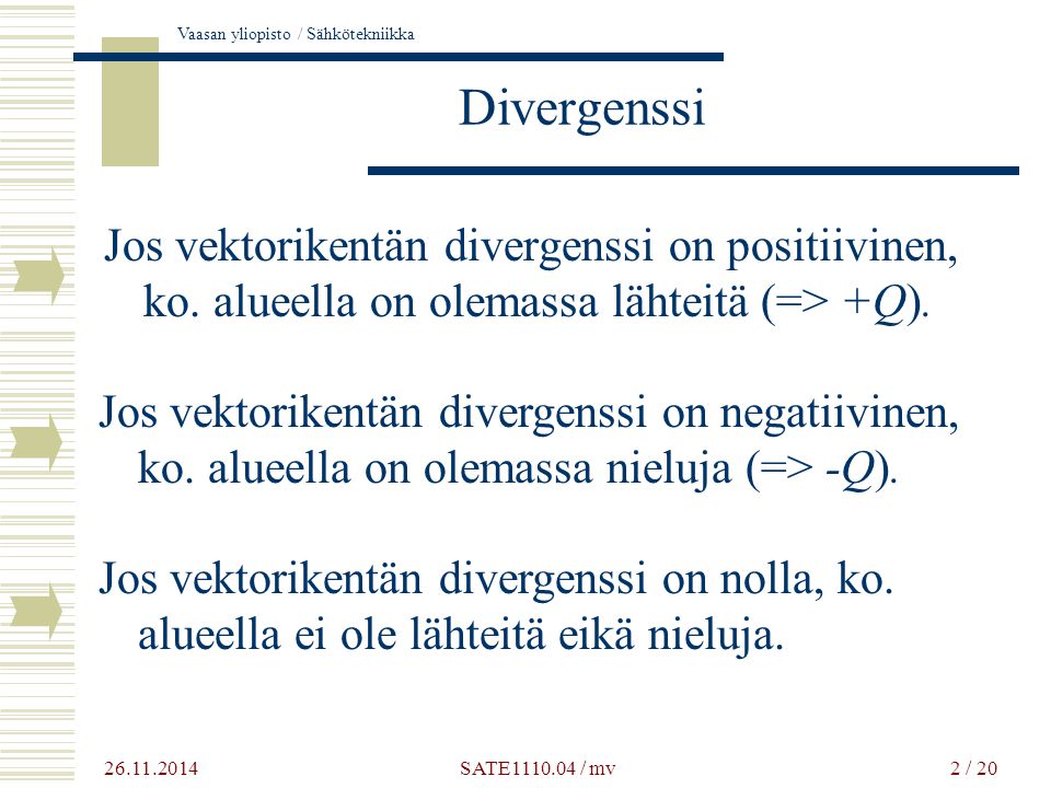 Vaasan yliopisto / Sähkötekniikka 2 / 20 Divergenssi Jos vektorikentän divergenssi on positiivinen, ko.