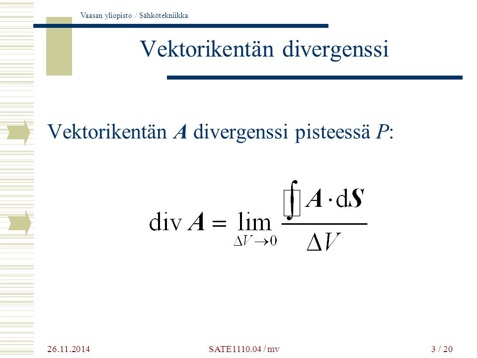 Vaasan yliopisto / Sähkötekniikka 3 / 20 Vektorikentän divergenssi Vektorikentän A divergenssi pisteessä P: SATE / mv