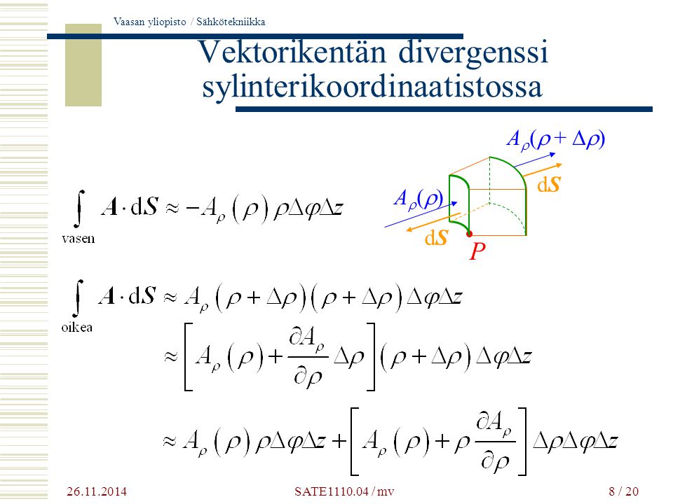 Vaasan yliopisto / Sähkötekniikka 8 / 20 Vektorikentän divergenssi sylinterikoordinaatistossa P dSdS dSdS A  (  +  ) A()A() SATE / mv
