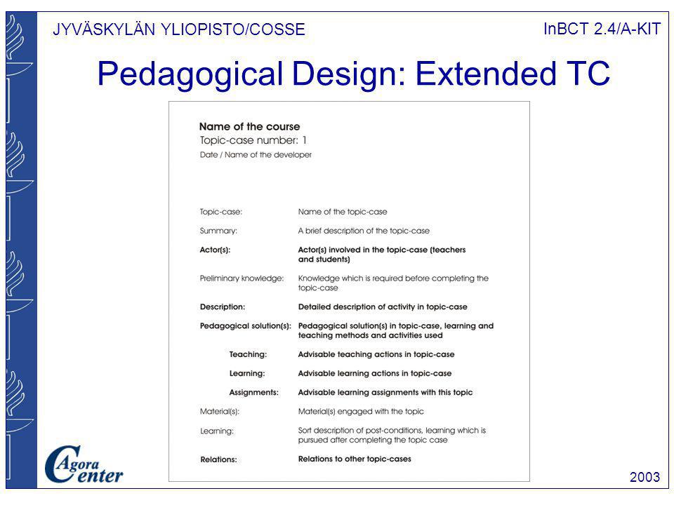JYVÄSKYLÄN YLIOPISTO/COSSE InBCT 2.4/A-KIT 2003 Pedagogical Design: Extended TC