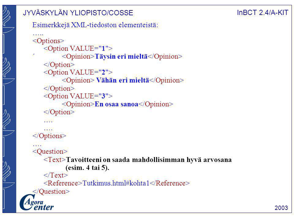 JYVÄSKYLÄN YLIOPISTO/COSSE InBCT 2.4/A-KIT 2003 Esimerkkejä XML-tiedoston elementeistä: …..