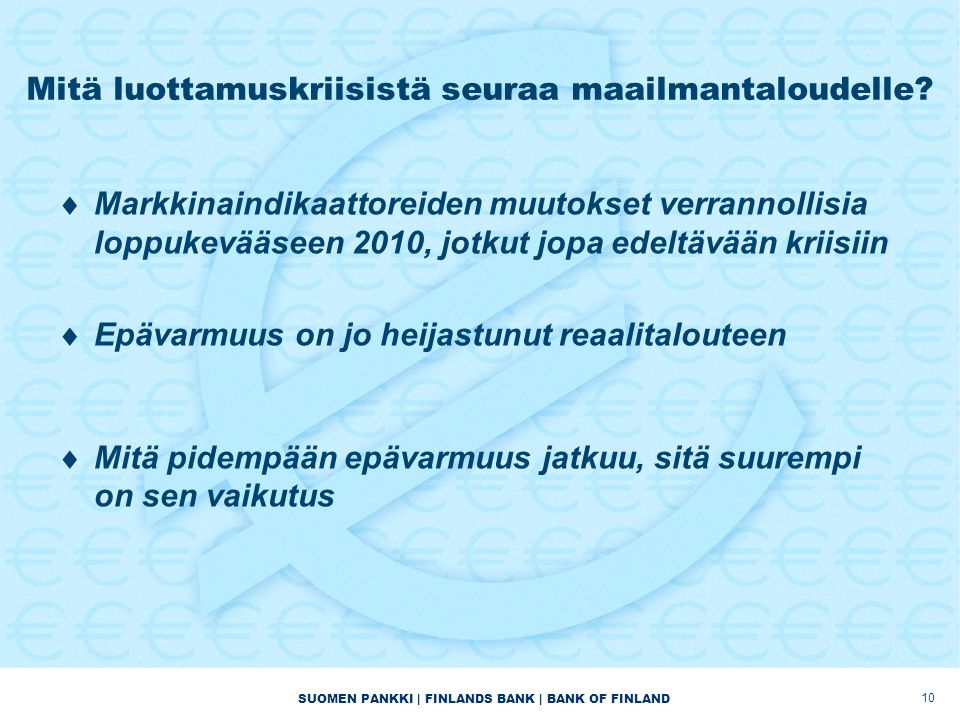 SUOMEN PANKKI | FINLANDS BANK | BANK OF FINLAND Mitä luottamuskriisistä seuraa maailmantaloudelle.