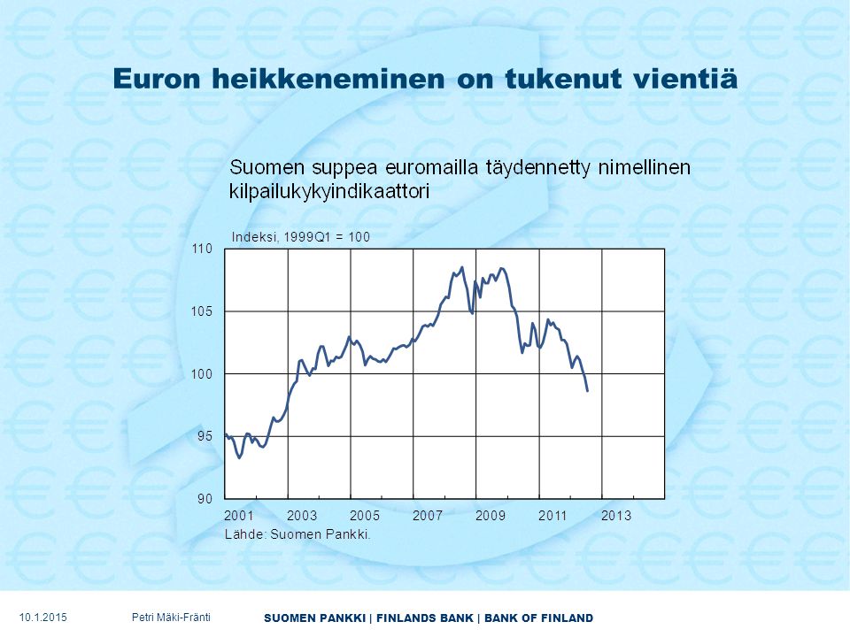 SUOMEN PANKKI | FINLANDS BANK | BANK OF FINLAND Euron heikkeneminen on tukenut vientiä Petri Mäki-Fränti