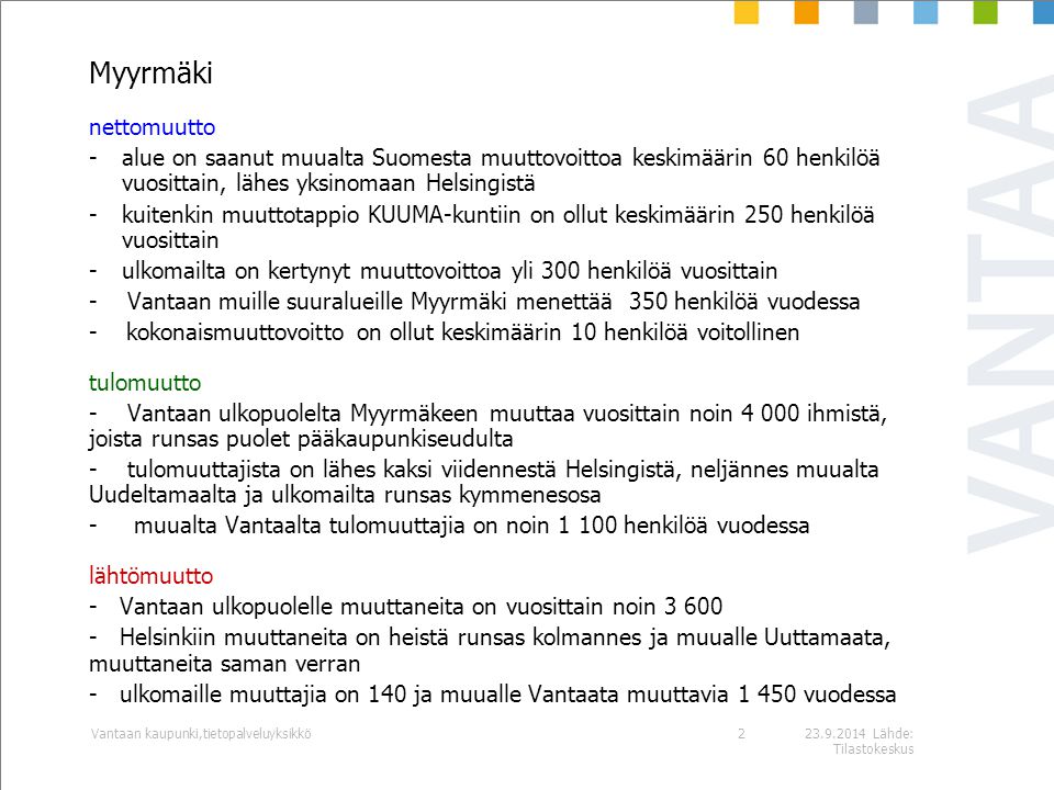 Lähde: Tilastokeskus Vantaan kaupunki,tietopalveluyksikkö Myyrmäki nettomuutto -alue on saanut muualta Suomesta muuttovoittoa keskimäärin 60 henkilöä vuosittain, lähes yksinomaan Helsingistä -kuitenkin muuttotappio KUUMA-kuntiin on ollut keskimäärin 250 henkilöä vuosittain -ulkomailta on kertynyt muuttovoittoa yli 300 henkilöä vuosittain - Vantaan muille suuralueille Myyrmäki menettää 350 henkilöä vuodessa - kokonaismuuttovoitto on ollut keskimäärin 10 henkilöä voitollinen tulomuutto - Vantaan ulkopuolelta Myyrmäkeen muuttaa vuosittain noin ihmistä, joista runsas puolet pääkaupunkiseudulta - tulomuuttajista on lähes kaksi viidennestä Helsingistä, neljännes muualta Uudeltamaalta ja ulkomailta runsas kymmenesosa - muualta Vantaalta tulomuuttajia on noin henkilöä vuodessa lähtömuutto - Vantaan ulkopuolelle muuttaneita on vuosittain noin Helsinkiin muuttaneita on heistä runsas kolmannes ja muualle Uuttamaata, muuttaneita saman verran - ulkomaille muuttajia on 140 ja muualle Vantaata muuttavia vuodessa 2
