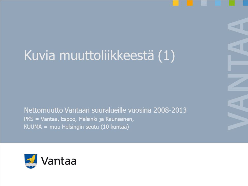 Kuvia muuttoliikkeestä (1) Nettomuutto Vantaan suuralueille vuosina PKS = Vantaa, Espoo, Helsinki ja Kauniainen, KUUMA = muu Helsingin seutu (10 kuntaa)