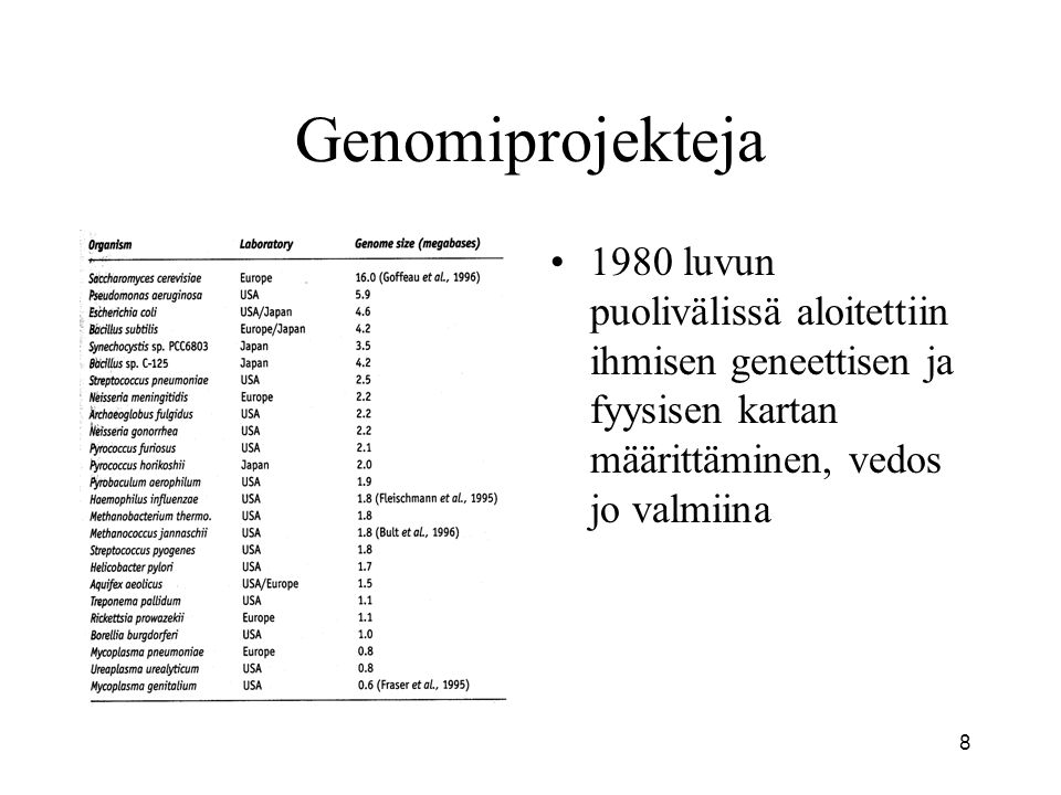8 Genomiprojekteja 1980 luvun puolivälissä aloitettiin ihmisen geneettisen ja fyysisen kartan määrittäminen, vedos jo valmiina