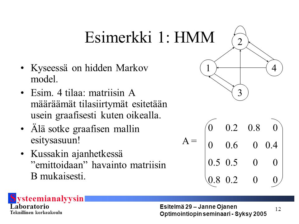 S ysteemianalyysin Laboratorio Teknillinen korkeakoulu Esitelmä 29 – Janne Ojanen Optimointiopin seminaari - Syksy Esimerkki 1: HMM Kyseessä on hidden Markov model.