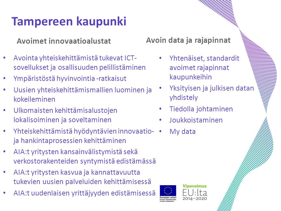 Tampereen kaupunki Avoimet innovaatioalustat Avointa yhteiskehittämistä tukevat ICT- sovellukset ja osallisuuden pelillistäminen Ympäristöstä hyvinvointia -ratkaisut Uusien yhteiskehittämismallien luominen ja kokeileminen Ulkomaisten kehittämisalustojen lokalisoiminen ja soveltaminen Yhteiskehittämistä hyödyntävien innovaatio- ja hankintaprosessien kehittäminen AIA:t yritysten kansainvälistymistä sekä verkostorakenteiden syntymistä edistämässä AIA:t yritysten kasvua ja kannattavuutta tukevien uusien palveluiden kehittämisessä AIA:t uudenlaisen yrittäjyyden edistämisessä Avoin data ja rajapinnat Yhtenäiset, standardit avoimet rajapinnat kaupunkeihin Yksityisen ja julkisen datan yhdistely Tiedolla johtaminen Joukkoistaminen My data