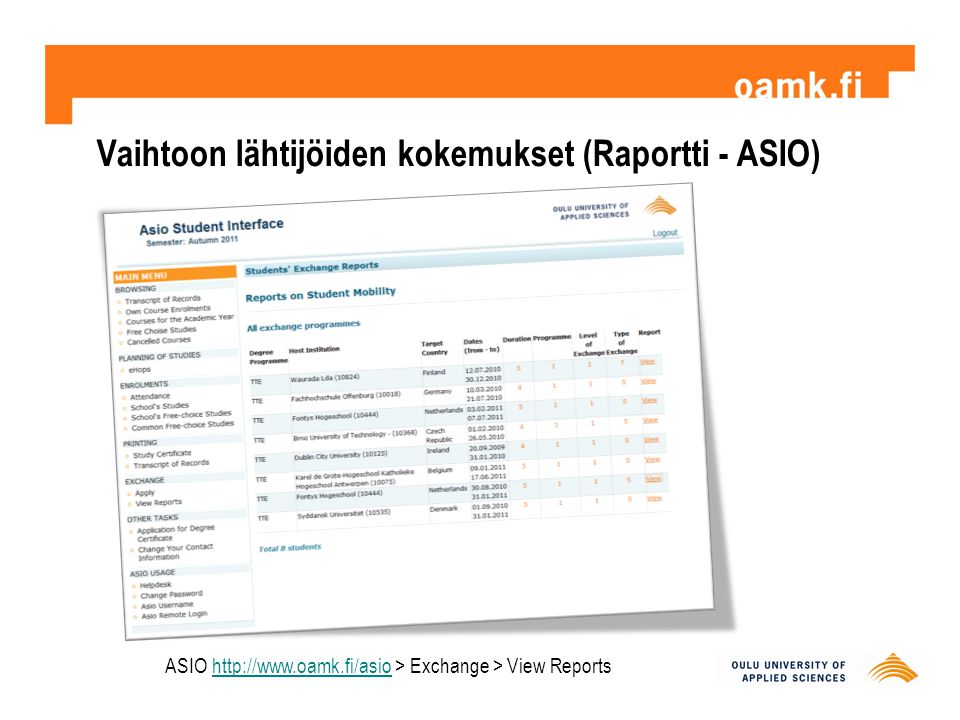 Vaihtoon lähtijöiden kokemukset (Raportti - ASIO) ASIO   > Exchange > View Reportshttp://