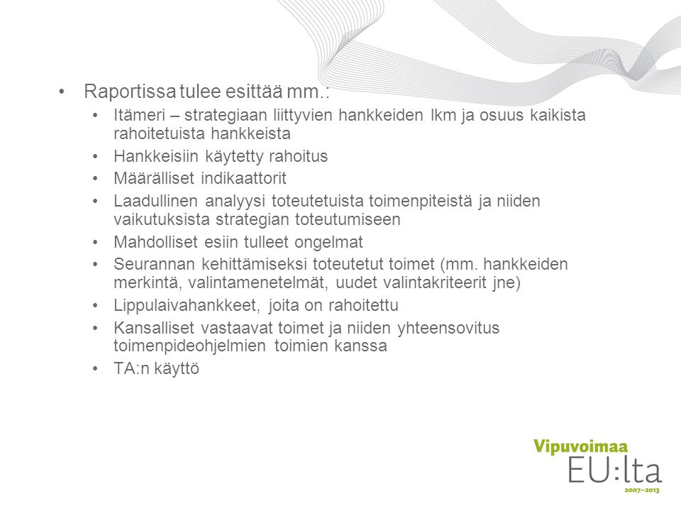 Raportissa tulee esittää mm.: Itämeri – strategiaan liittyvien hankkeiden lkm ja osuus kaikista rahoitetuista hankkeista Hankkeisiin käytetty rahoitus Määrälliset indikaattorit Laadullinen analyysi toteutetuista toimenpiteistä ja niiden vaikutuksista strategian toteutumiseen Mahdolliset esiin tulleet ongelmat Seurannan kehittämiseksi toteutetut toimet (mm.