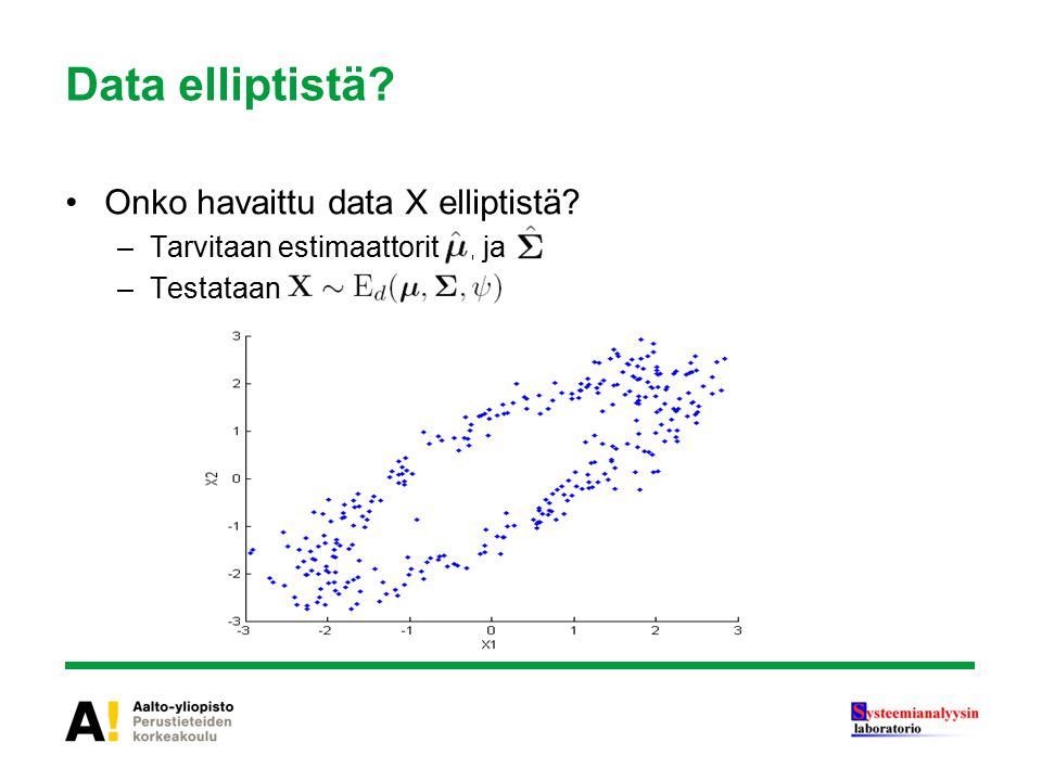 Data elliptistä Onko havaittu data X elliptistä –Tarvitaan estimaattorit, ja –Testataan