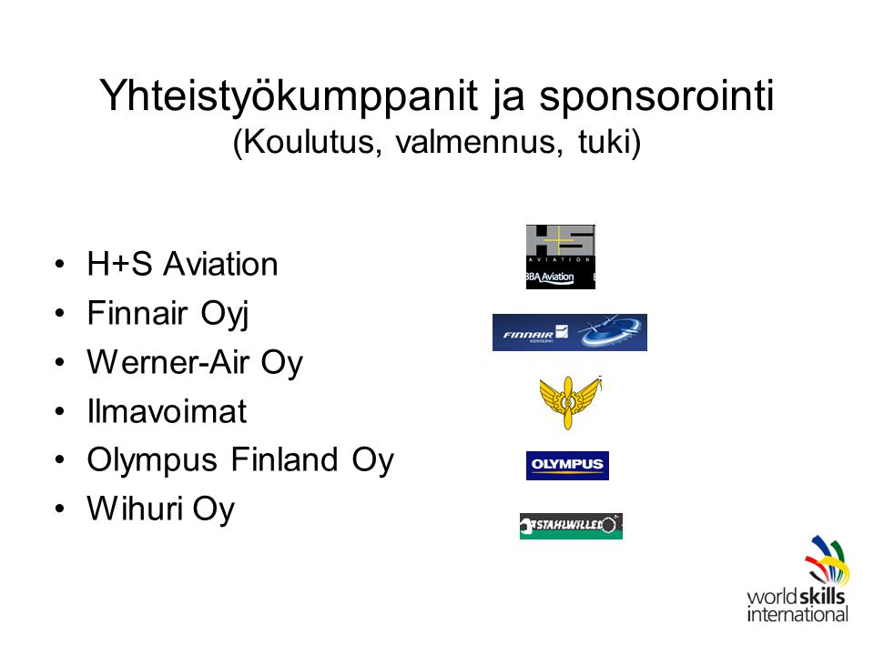 Yhteistyökumppanit ja sponsorointi (Koulutus, valmennus, tuki) H+S Aviation Finnair Oyj Werner-Air Oy Ilmavoimat Olympus Finland Oy Wihuri Oy