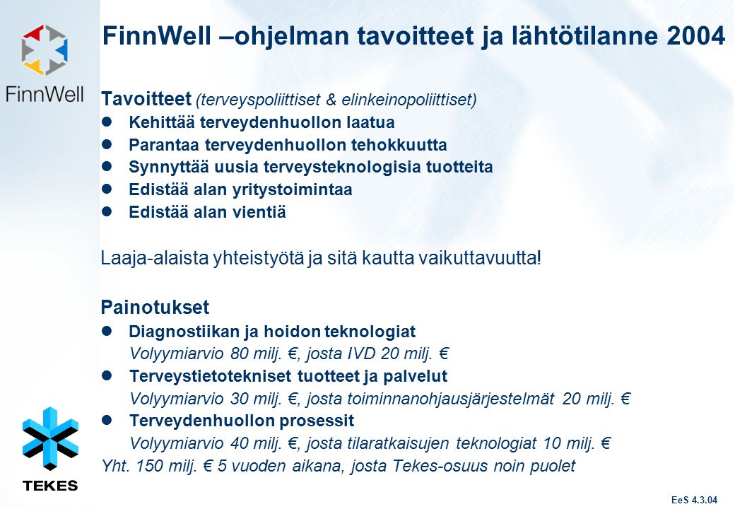 FinnWell –ohjelman tavoitteet ja lähtötilanne 2004 Tavoitteet (terveyspoliittiset & elinkeinopoliittiset) Kehittää terveydenhuollon laatua Parantaa terveydenhuollon tehokkuutta Synnyttää uusia terveysteknologisia tuotteita Edistää alan yritystoimintaa Edistää alan vientiä Laaja-alaista yhteistyötä ja sitä kautta vaikuttavuutta.