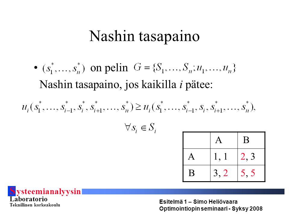 S ysteemianalyysin Laboratorio Teknillinen korkeakoulu Esitelmä 1 – Simo Heliövaara Optimointiopin seminaari - Syksy 2008 Nashin tasapaino on pelin Nashin tasapaino, jos kaikilla i pätee: A B A1, 12, 3 B3, 25, 5
