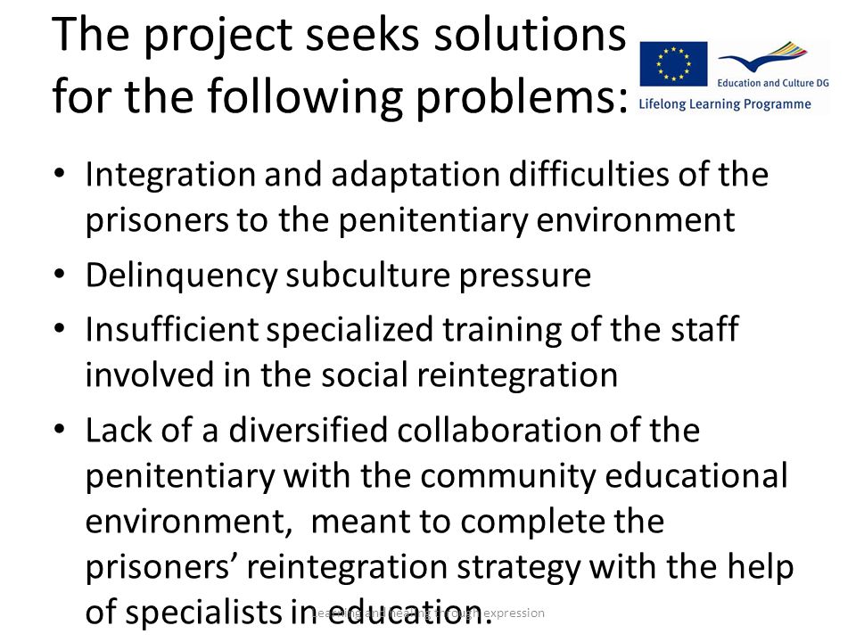 The project seeks solutions for the following problems: Integration and adaptation difficulties of the prisoners to the penitentiary environment Delinquency subculture pressure Insufficient specialized training of the staff involved in the social reintegration Lack of a diversified collaboration of the penitentiary with the community educational environment, meant to complete the prisoners’ reintegration strategy with the help of specialists in education.