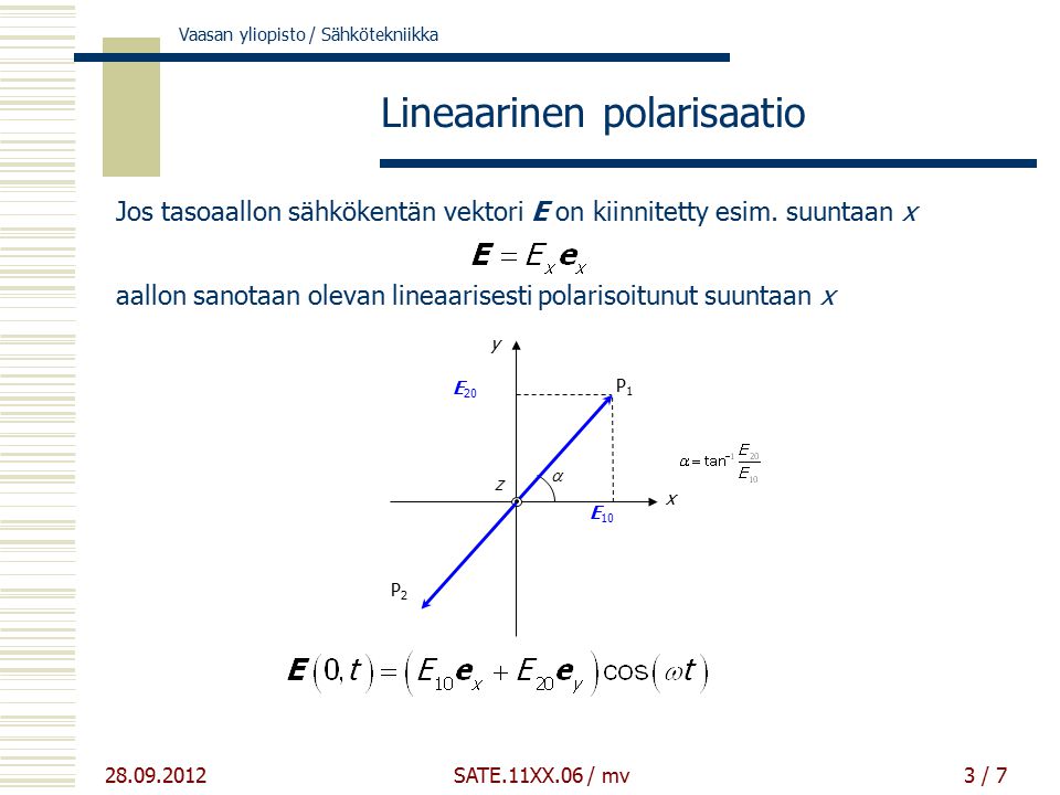 Vaasan yliopisto / Sähkötekniikka SATE.11XX.06 / mv3 / 7 Lineaarinen polarisaatio Jos tasoaallon sähkökentän vektori E on kiinnitetty esim.