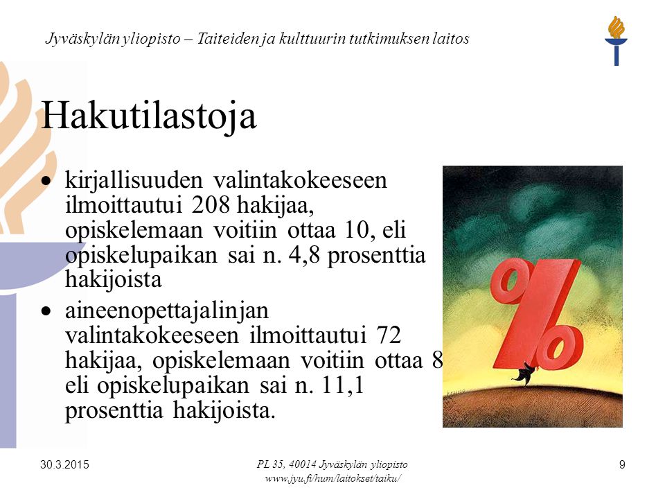 Jyväskylän yliopisto – Taiteiden ja kulttuurin tutkimuksen laitos PL 35, Jyväskylän yliopisto   9 Hakutilastoja  kirjallisuuden valintakokeeseen ilmoittautui 208 hakijaa, opiskelemaan voitiin ottaa 10, eli opiskelupaikan sai n.