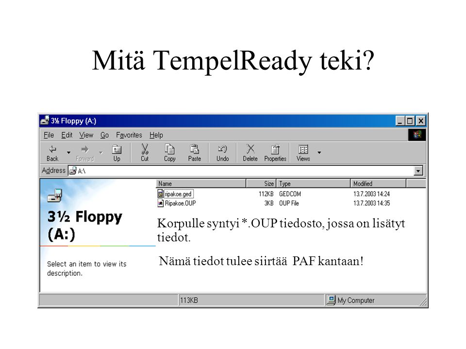Mitä TempelReady teki. Korpulle syntyi *.OUP tiedosto, jossa on lisätyt tiedot.