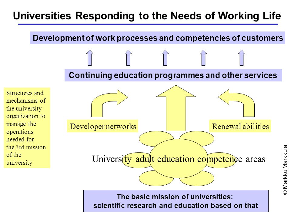 Universities Responding to the Needs of Working Life The basic mission of universities: scientific research and education based on that Renewal abilities Continuing education programmes and other services Developer networks Development of work processes and competencies of customers University adult education competence areas Structures and mechanisms of the university organization to manage the operations needed for the 3rd mission of the university © Markku Markkula