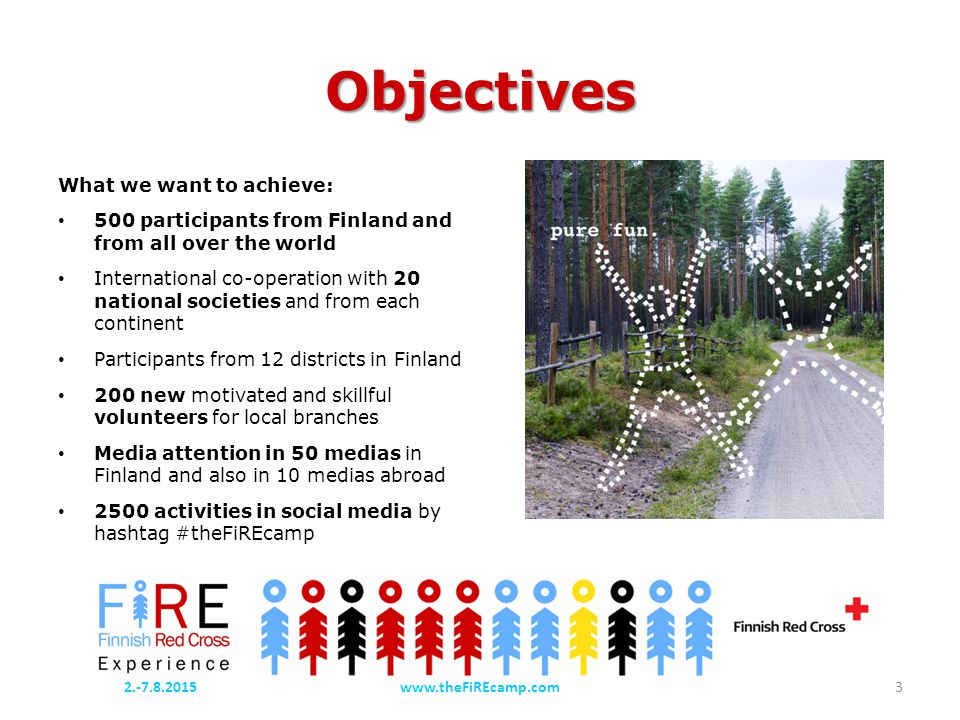 Objectives What we want to achieve: 500 participants from Finland and from all over the world International co-operation with 20 national societies and from each continent Participants from 12 districts in Finland 200 new motivated and skillful volunteers for local branches Media attention in 50 medias in Finland and also in 10 medias abroad 2500 activities in social media by hashtag #theFiREcamp