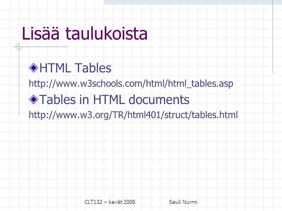 CLT132 – kevät 2008Sauli Nurmi Lisää taulukoista HTML Tables   Tables in HTML documents