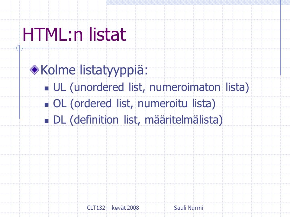 CLT132 – kevät 2008Sauli Nurmi HTML:n listat Kolme listatyyppiä: UL (unordered list, numeroimaton lista) OL (ordered list, numeroitu lista) DL (definition list, määritelmälista)
