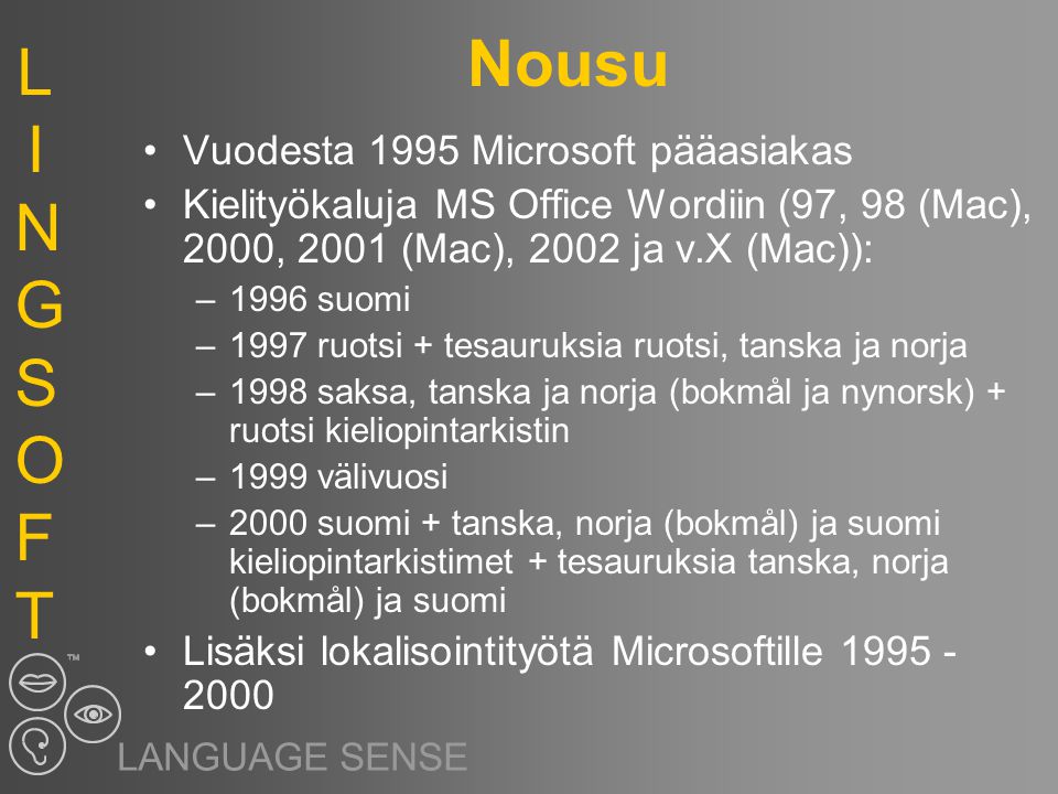 LINGSOFTLINGSOFT LANGUAGE SENSE Nousu Vuodesta 1995 Microsoft pääasiakas Kielityökaluja MS Office Wordiin (97, 98 (Mac), 2000, 2001 (Mac), 2002 ja v.X (Mac)): –1996 suomi –1997 ruotsi + tesauruksia ruotsi, tanska ja norja –1998 saksa, tanska ja norja (bokmål ja nynorsk) + ruotsi kieliopintarkistin –1999 välivuosi –2000 suomi + tanska, norja (bokmål) ja suomi kieliopintarkistimet + tesauruksia tanska, norja (bokmål) ja suomi Lisäksi lokalisointityötä Microsoftille
