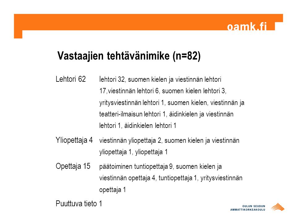 Suomen kielen ja viestinnän opettajat opinnäytetyöprosessissa – selvityksen  tulokset Suomen kielen ja viestinnän opettajien verkostopäivä Haaga  ammattikorkeakoulu. - ppt lataa