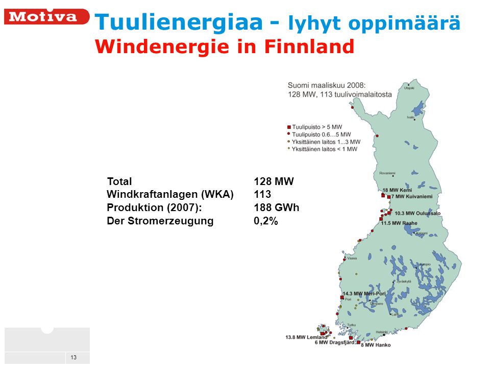 13 Tuulienergiaa - lyhyt oppimäärä Windenergie in Finnland Total 128 MW Windkraftanlagen (WKA) 113 Produktion (2007): 188 GWh Der Stromerzeugung 0,2%