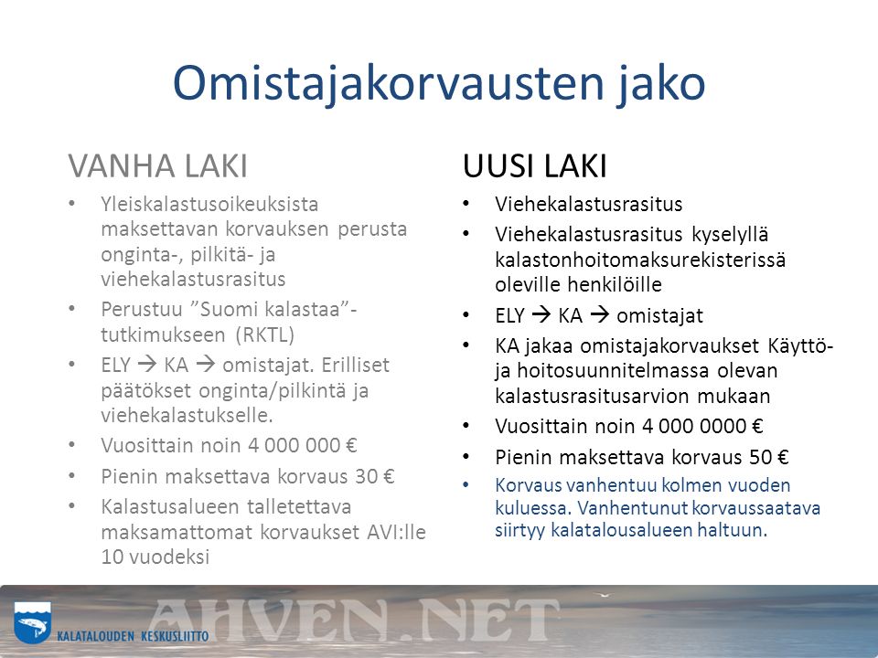 Omistajakorvausten jako VANHA LAKI Yleiskalastusoikeuksista maksettavan korvauksen perusta onginta-, pilkitä- ja viehekalastusrasitus Perustuu Suomi kalastaa - tutkimukseen (RKTL) ELY  KA  omistajat.