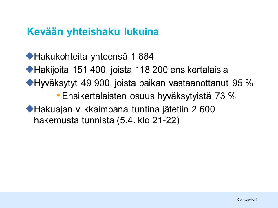 Opintopolku.fi Kevään yhteishaku lukuina Hakukohteita yhteensä Hakijoita , joista ensikertalaisia Hyväksytyt , joista paikan vastaanottanut 95 % Ensikertalaisten osuus hyväksytyistä 73 % Hakuajan vilkkaimpana tuntina jätetiin hakemusta tunnista (5.4.