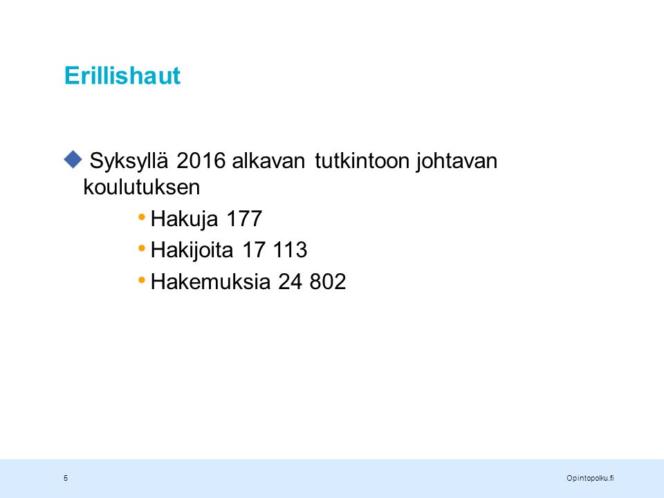 Opintopolku.fi Erillishaut Syksyllä 2016 alkavan tutkintoon johtavan koulutuksen Hakuja 177 Hakijoita Hakemuksia