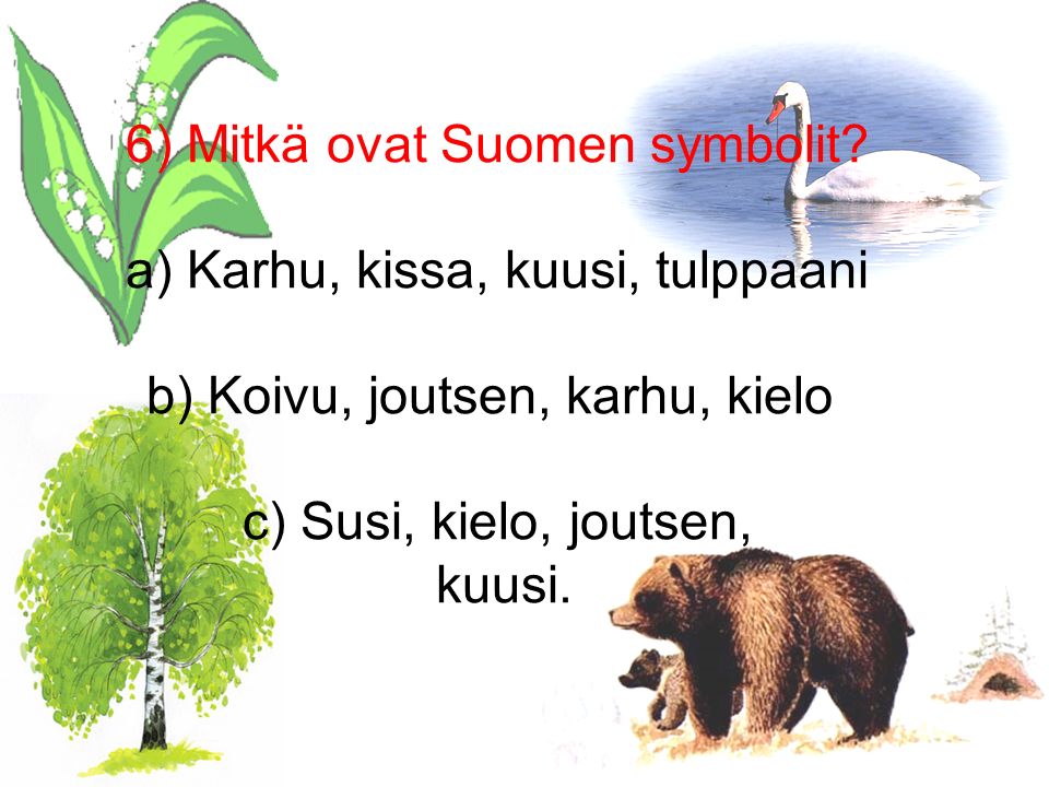 6) Mitkä ovat Suomen symbolit.
