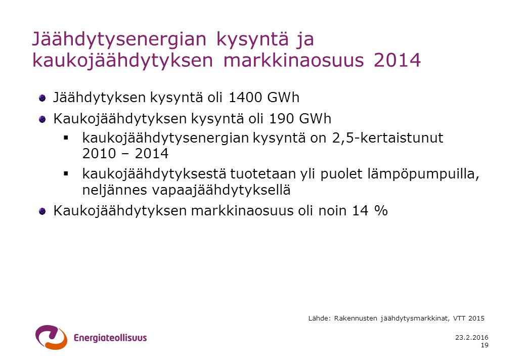 Jäähdytysenergian kysyntä ja kaukojäähdytyksen markkinaosuus Lähde: Rakennusten jäähdytysmarkkinat, VTT 2015 Jäähdytyksen kysyntä oli 1400 GWh Kaukojäähdytyksen kysyntä oli 190 GWh  kaukojäähdytysenergian kysyntä on 2,5-kertaistunut 2010 – 2014  kaukojäähdytyksestä tuotetaan yli puolet lämpöpumpuilla, neljännes vapaajäähdytyksellä Kaukojäähdytyksen markkinaosuus oli noin 14 % 19