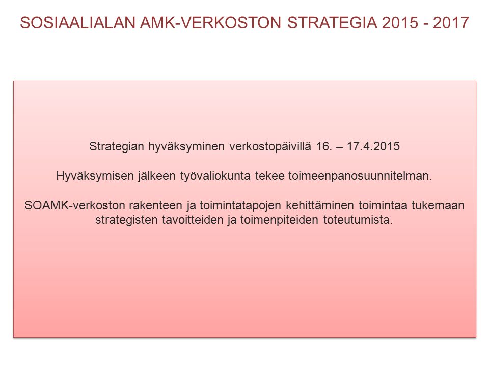 SOSIAALIALAN AMK-VERKOSTON STRATEGIA Strategian hyväksyminen verkostopäivillä 16.