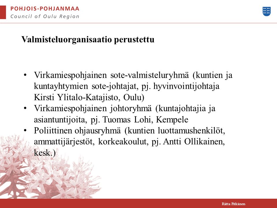 Valmisteluorganisaatio perustettu Riitta Pitkänen Virkamiespohjainen sote-valmisteluryhmä (kuntien ja kuntayhtymien sote-johtajat, pj.